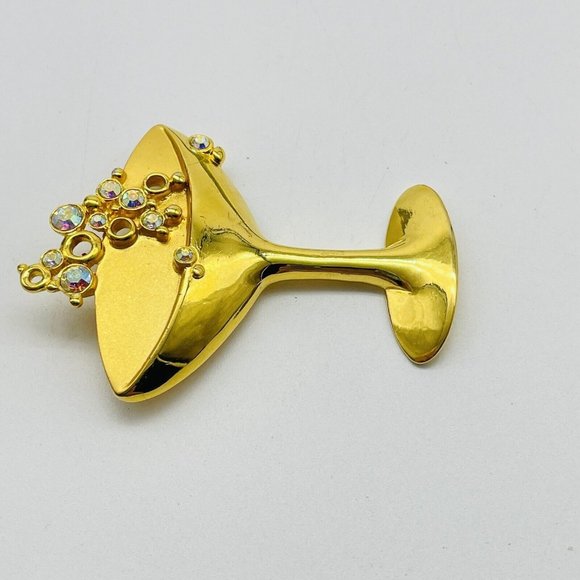 JJ Signed Champagne Glass and Bubbles Brooch Gold Tone Aurora Borealis Beads - Picture 4 of 7